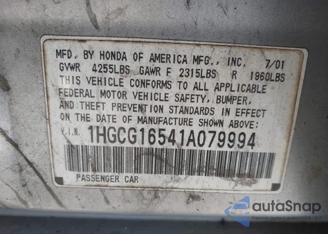 2001 Honda Accord 3.0 Ex z USA, uszkodzony, nr VIN 1HGCG16541A079994